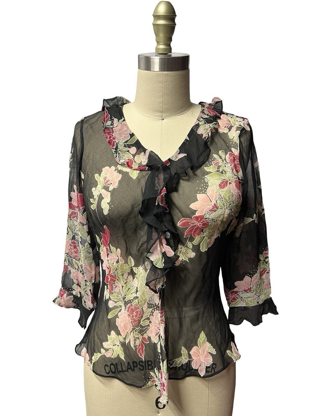 y2k Ice Silk Blouse 3/4 Sleeve Button Front Ruffle Romantic Floral Black Sheer